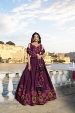 Buy KASTURI Tussar Silk Lehenga Set with Floral Foil Print – Pink & Maroon | My Fashion - Image 7