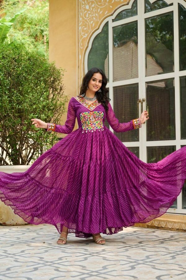 Laheriya Print Kutchi Patchwork Gown (25) Laheriya Print Kutchi Patchwork Gown in Georgette – My Fashion - Image 8