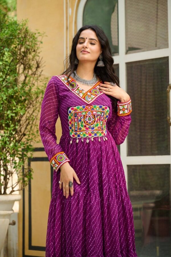 Laheriya Print Kutchi Patchwork Gown (29) Laheriya Print Kutchi Patchwork Gown in Georgette – My Fashion - Image 3