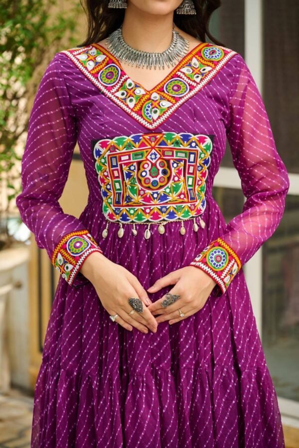 Laheriya Print Kutchi Patchwork Gown (31) Laheriya Print Kutchi Patchwork Gown in Georgette – My Fashion - Image 10