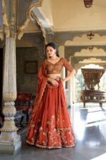 Rust Orange Embroidered Lehenga