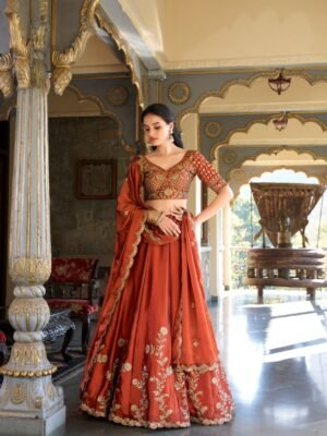 Rust Orange Embroidered Lehenga