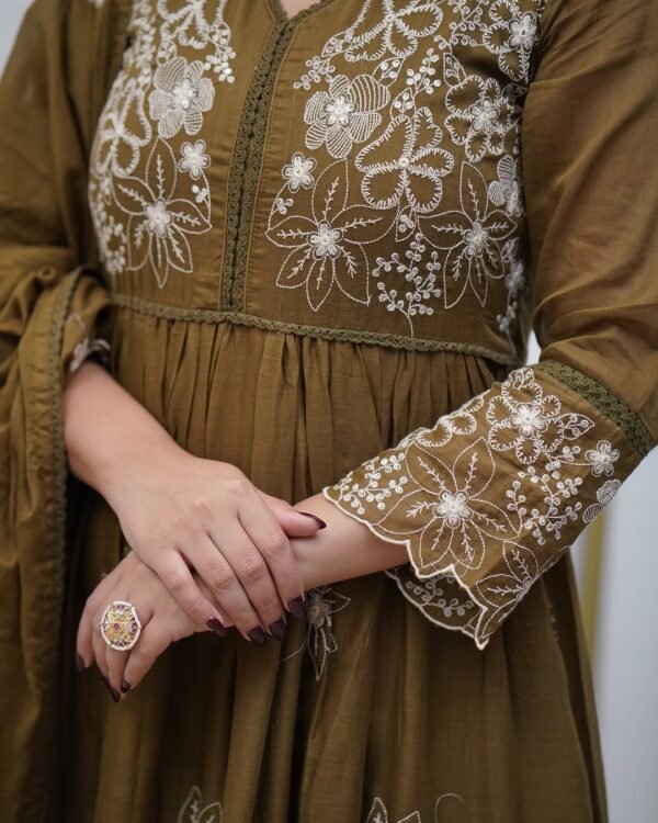 Brown Gown with Pant & Dupatta, ST-SAPNA Gown Set, Cotton Silk Gown, Chanderi Dupatta Dress, Embroidered Gown with Pant1 New Rani Pink Kurti with Pant & Dupatta – Embroidered Viscose Chanderi & Organza | My Fashion - Image 9