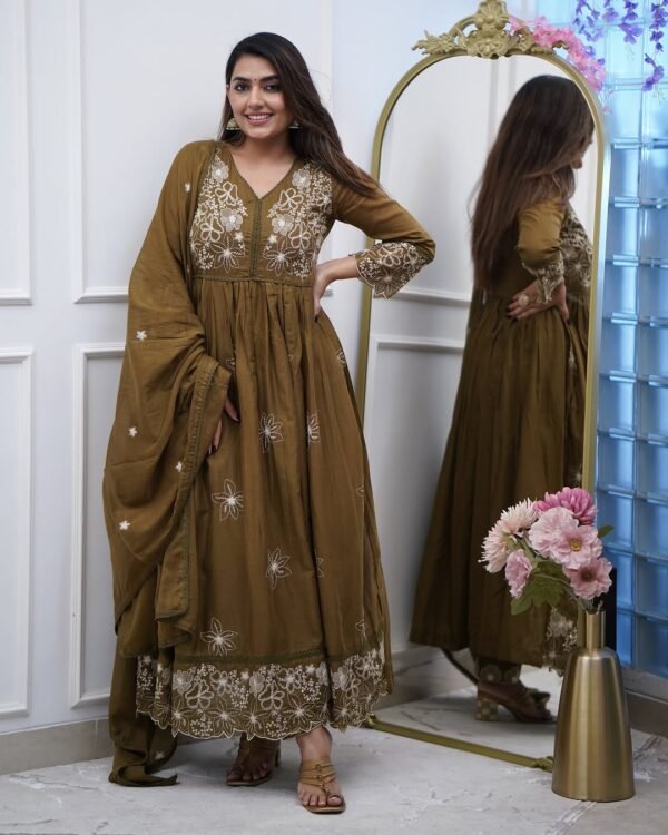 Brown Gown with Pant & Dupatta, ST-SAPNA Gown Set, Cotton Silk Gown, Chanderi Dupatta Dress, Embroidered Gown with Pant4 New Rani Pink Kurti with Pant & Dupatta – Embroidered Viscose Chanderi & Organza | My Fashion - Image 4