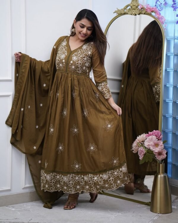 Brown Gown with Pant & Dupatta, ST-SAPNA Gown Set, Cotton Silk Gown, Chanderi Dupatta Dress, Embroidered Gown with Pant6 New Rani Pink Kurti with Pant & Dupatta – Embroidered Viscose Chanderi & Organza | My Fashion - Image 6