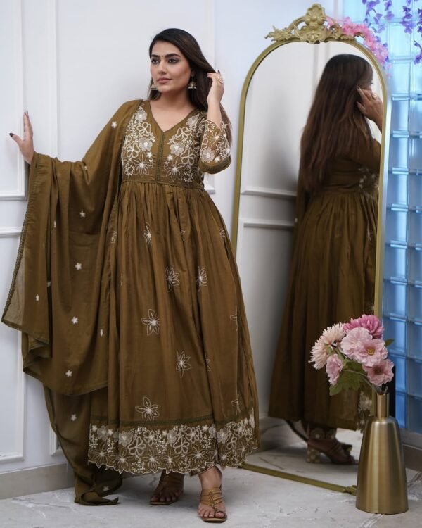 Brown Gown with Pant & Dupatta, ST-SAPNA Gown Set, Cotton Silk Gown, Chanderi Dupatta Dress, Embroidered Gown with Pant8 New Rani Pink Kurti with Pant & Dupatta – Embroidered Viscose Chanderi & Organza | My Fashion - Image 8