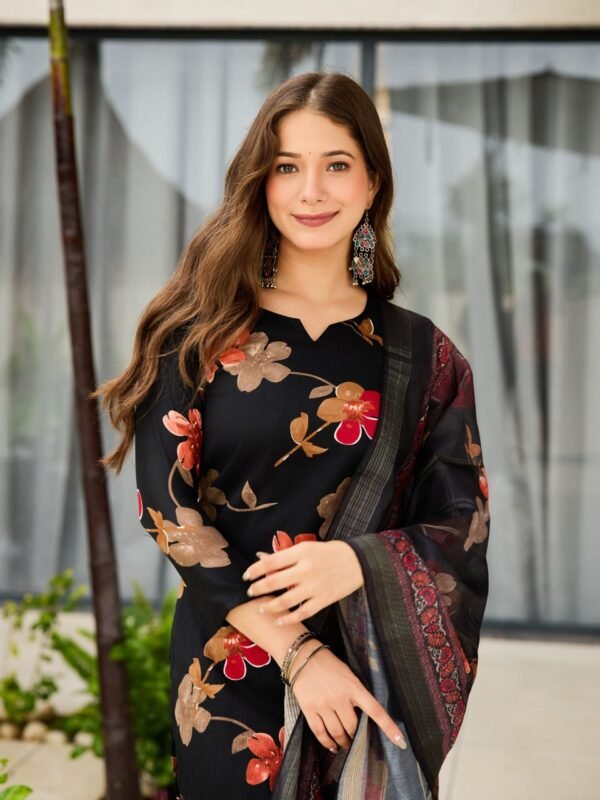 Buy Black Kurti With Pant Dupatta5 Buy Black Kurti With Pant Dupatta | Silk Blend Embroidered Set – My Fashion  - Image 2