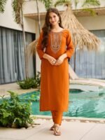 New Buy Orange Kurti with Pant & Dupatta| Rayon Embroidered Set – My Fashion - Image 9