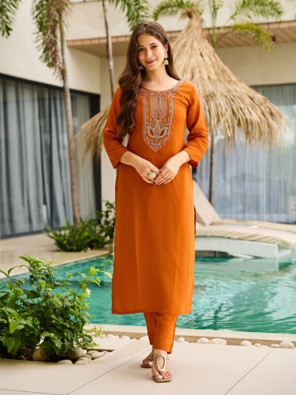 Buy Orange Kurti with Pant Dupatta|2 New Buy Orange Kurti with Pant & Dupatta| Rayon Embroidered Set – My Fashion - Image 9