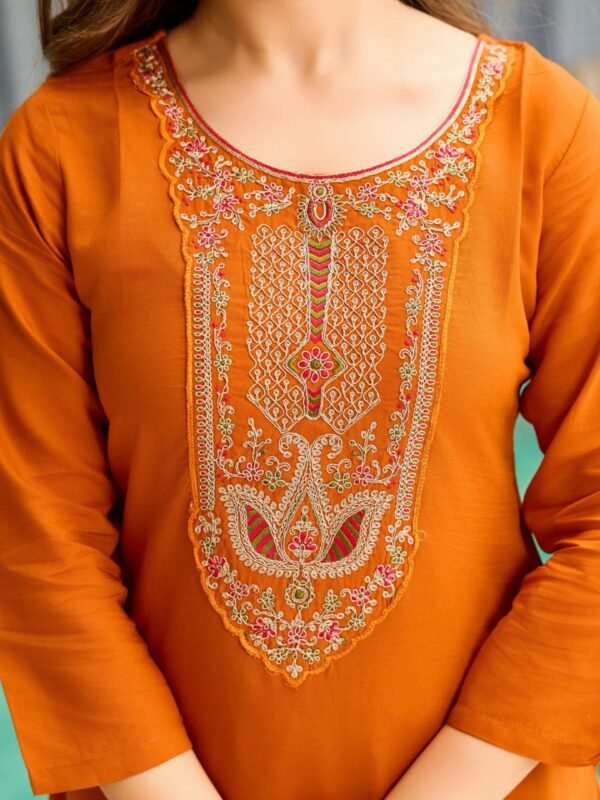 Buy Orange Kurti with Pant Dupatta|4 New Buy Orange Kurti with Pant & Dupatta| Rayon Embroidered Set – My Fashion - Image 7
