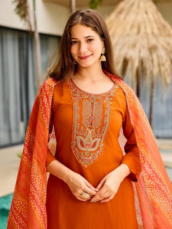 Buy Orange Kurti with Pant Dupatta|5 New Buy Orange Kurti with Pant & Dupatta| Rayon Embroidered Set – My Fashion - Image 2