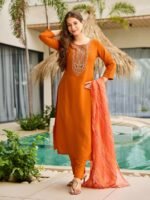 New Buy Orange Kurti with Pant & Dupatta| Rayon Embroidered Set – My Fashion - Image 6