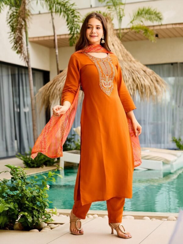 Buy Orange Kurti with Pant Dupatta|7 New Buy Orange Kurti with Pant & Dupatta| Rayon Embroidered Set – My Fashion - Image 5