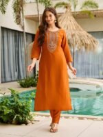 New Buy Orange Kurti with Pant & Dupatta| Rayon Embroidered Set – My Fashion - Image 4