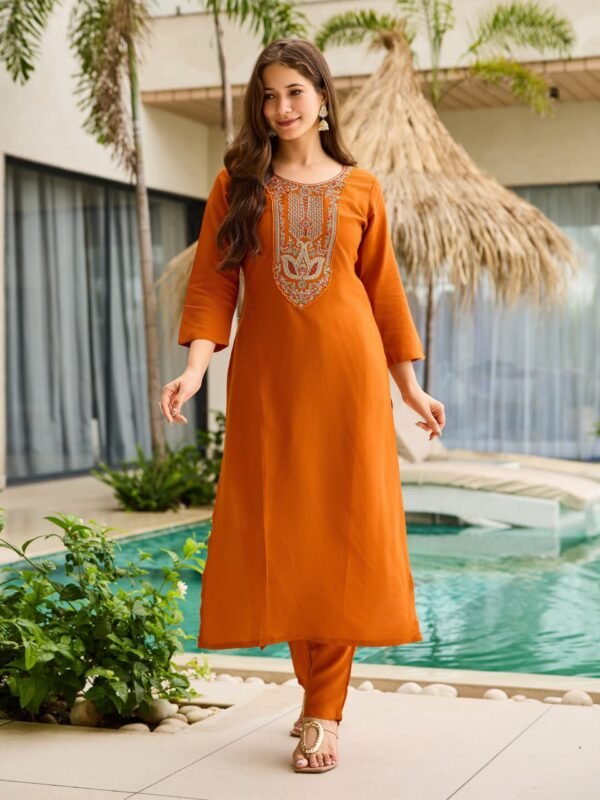 Buy Orange Kurti with Pant Dupatta|8 New Buy Orange Kurti with Pant & Dupatta| Rayon Embroidered Set – My Fashion - Image 4