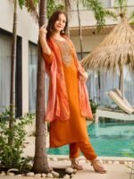 New Buy Orange Kurti with Pant & Dupatta| Rayon Embroidered Set – My Fashion - Image 3