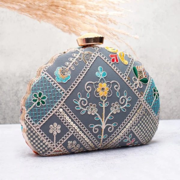 Designer D-Shape Ethnic Clutch32 Buy Designer D-Shape Ethnic Clutch (9×6 inches)– Big Size Embroidered Handbag Online. Perfect for weddings, parties & gifting| My Fashion - Image 2