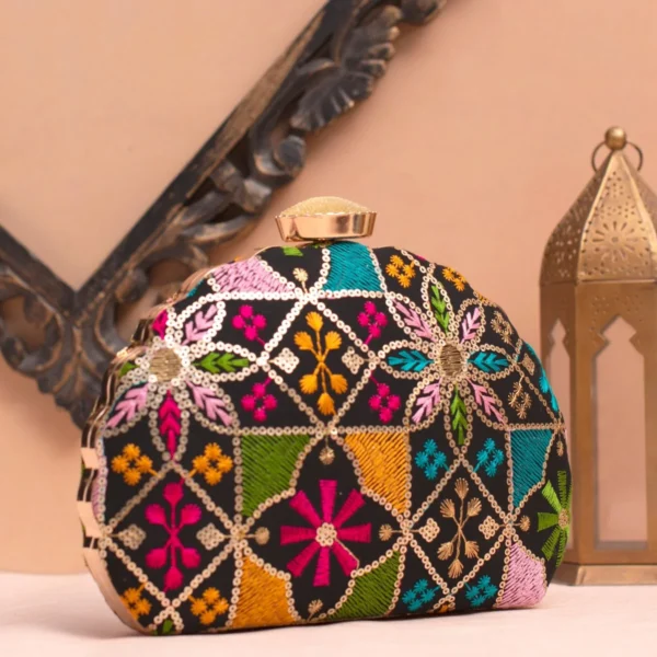 Designer D-Shape Ethnic Clutch51 Buy Designer D-Shape Ethnic Clutch (9×6 inches)– Big Size Embroidered Handbag Online. Perfect for weddings, parties & gifting| My Fashion - Image 2
