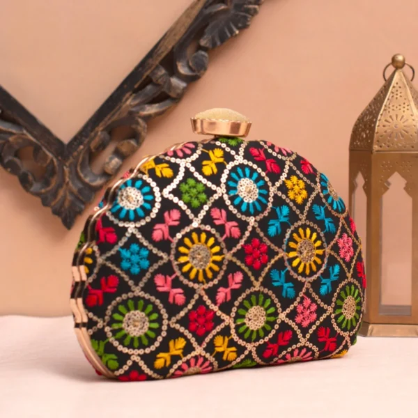 Designer D-Shape Ethnic Clutch69 Buy Designer D-Shape Ethnic Clutch (9×6 inches)– Big Size Embroidered Handbag Online. Perfect for weddings, parties & gifting| My Fashion - Image 2