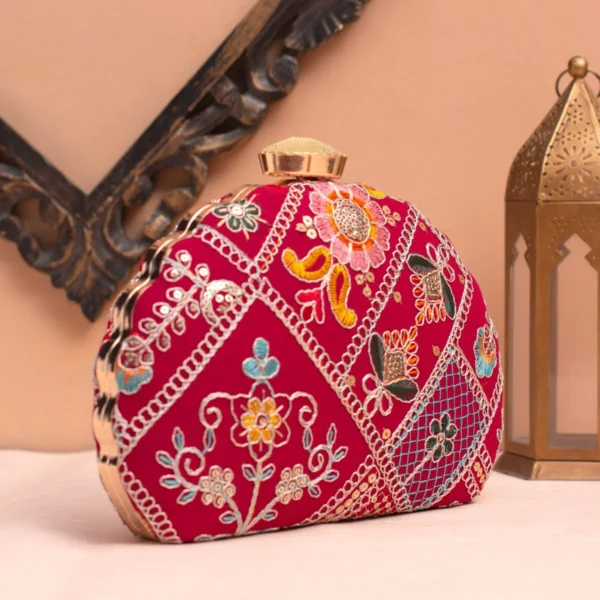 Designer D-Shape Ethnic Clutch70 Buy Designer D-Shape Ethnic Clutch (9×6 inches)– Big Size Embroidered Handbag Online. Perfect for weddings, parties & gifting| My Fashion - Image 2