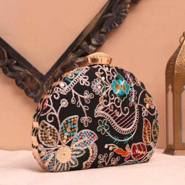 Designer D-Shape Ethnic Clutch72 Buy Designer D-Shape Ethnic Clutch (9×6 inches)– Big Size Embroidered Handbag Online. Perfect for weddings, parties & gifting| My Fashion - Image 2