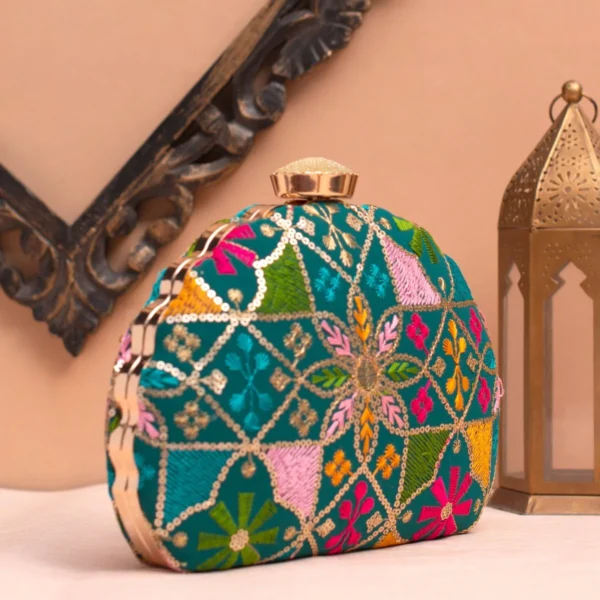 Designer D-Shape Ethnic Clutch73 Buy Designer D-Shape Ethnic Clutch (9×6 inches)– Big Size Embroidered Handbag Online. Perfect for weddings, parties & gifting| My Fashion - Image 2