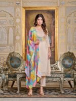 Elegant Beige Women’s Embroidered Simar Kurti With Pant & Dupatta Set | My Fashion - Image 10