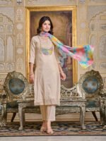 Elegant Beige Women’s Embroidered Simar Kurti With Pant & Dupatta Set | My Fashion - Image 4