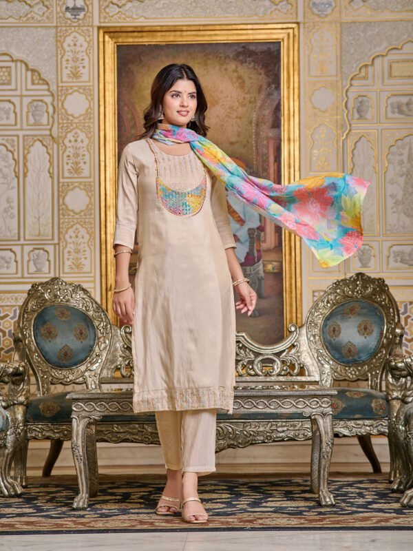Embroidered Kurti With Pant Dupatta Set5 Elegant Beige Women’s Embroidered Kurti With Pant & Dupatta Set | My Fashion - Image 4