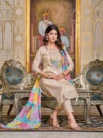 Elegant Beige Women’s Embroidered Simar Kurti With Pant & Dupatta Set | My Fashion - Image 2