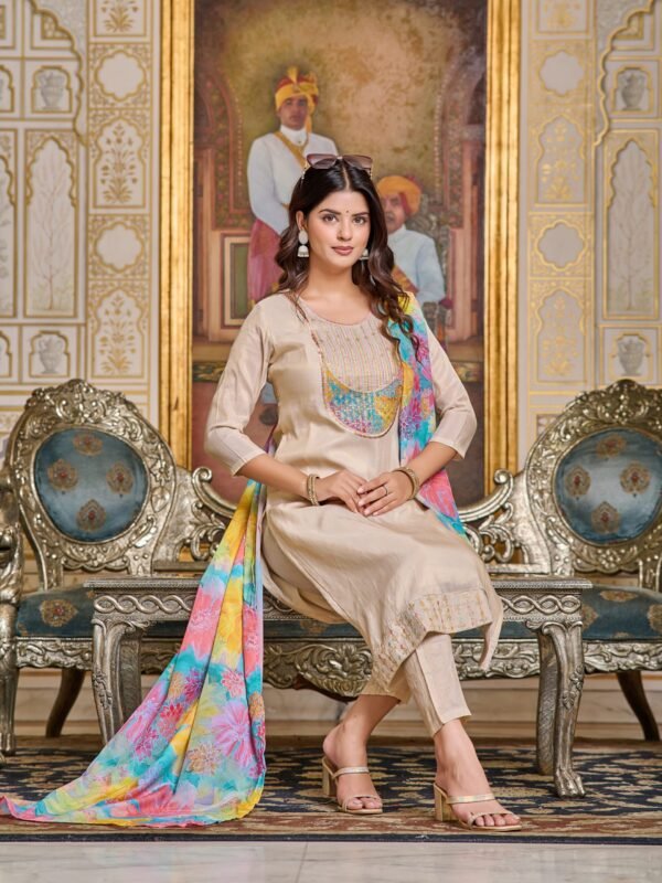 New Elegant  Women’s Embroidered Kurti With Pant Dupatta Set| My Fashion - Image 2
