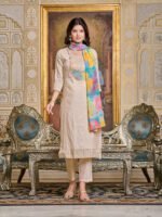 Elegant Beige Women’s Embroidered Simar Kurti With Pant & Dupatta Set | My Fashion - Image 8