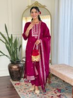 Wine Red Embroidered Kurti Pant Dupatta Set