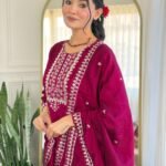 Wine Red Embroidered Kurti Pant Dupatta Set
