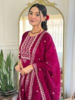 Wine Red Embroidered Kurti Pant Dupatta Set