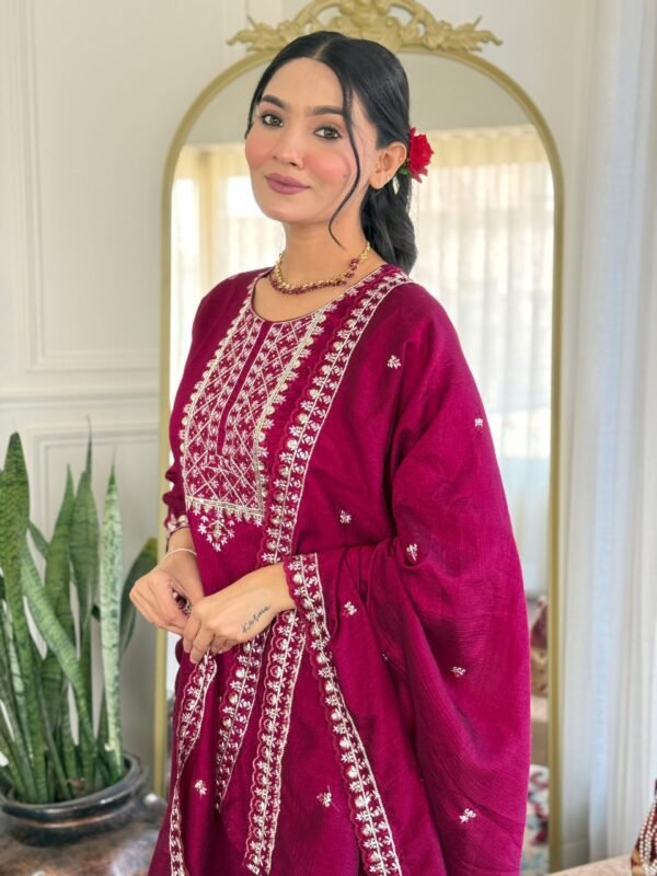 Wine Red Embroidered Kurti Pant Dupatta Set