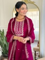 Premium Wine Red Embroidered Kurti Pant Dupatta Set | My Fashion - Image 6