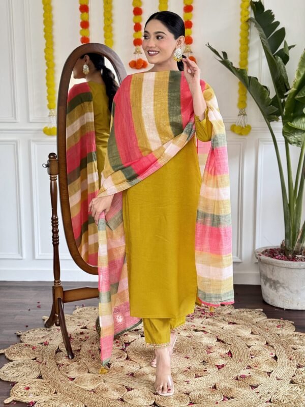 Elegant Mustard Viscose Chanderi Kurta Set with Dupatta | My Fashion - Image 4