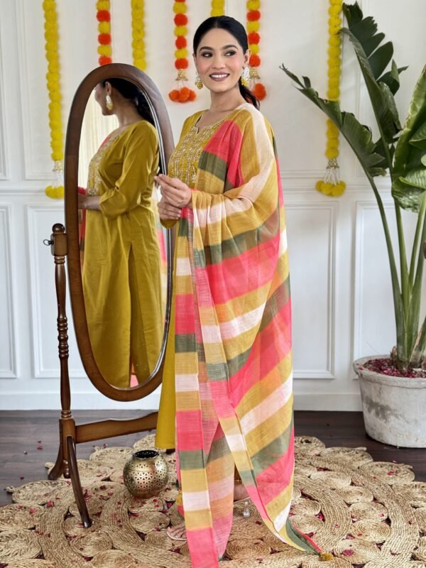Elegant Mustard Viscose Chanderi Kurta Set with Dupatta | My Fashion - Image 3