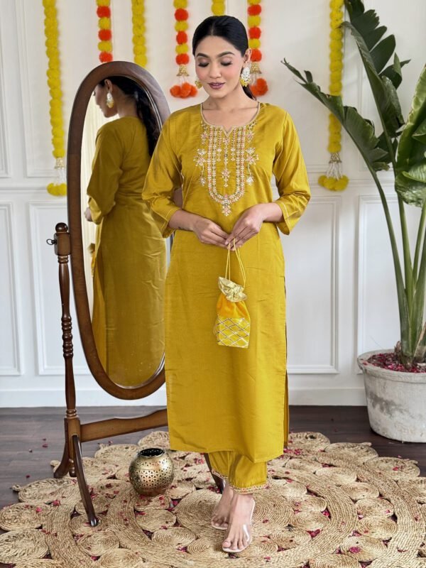 Kurti with Pant & Dupatta 4 Elegant Mustard Viscose Chanderi Kurta Set with Dupatta | My Fashion - Image 6