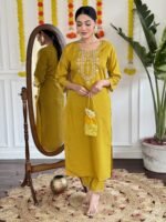 Elegant Mustard Viscose Chanderi Kurta Set with Dupatta | My Fashion - Image 6