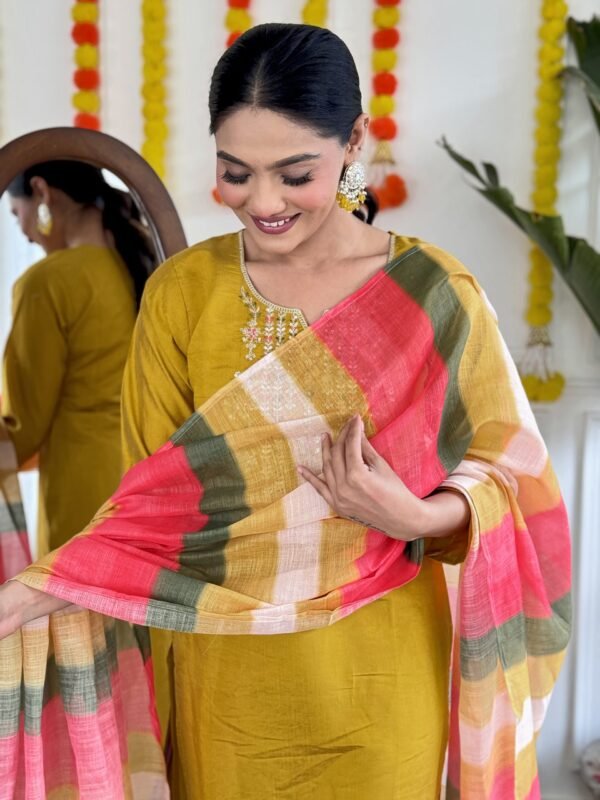 Elegant Mustard Viscose Chanderi Kurta Set with Dupatta | My Fashion - Image 2