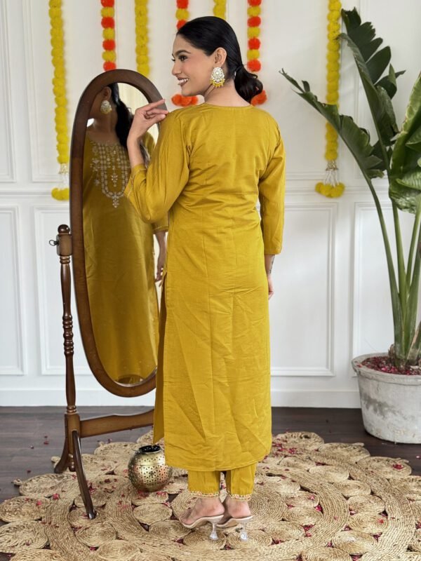 Kurti with Pant & Dupatta 6 Elegant Mustard Viscose Chanderi Kurta Set with Dupatta | My Fashion - Image 7