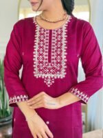 Premium Wine Red Embroidered Kurti Pant Dupatta Set | My Fashion - Image 5