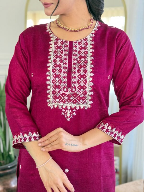 Kurti with Pant & Dupatta 8 Premium Wine Red Embroidered Kurti Pant Dupatta Set | My Fashion - Image 5