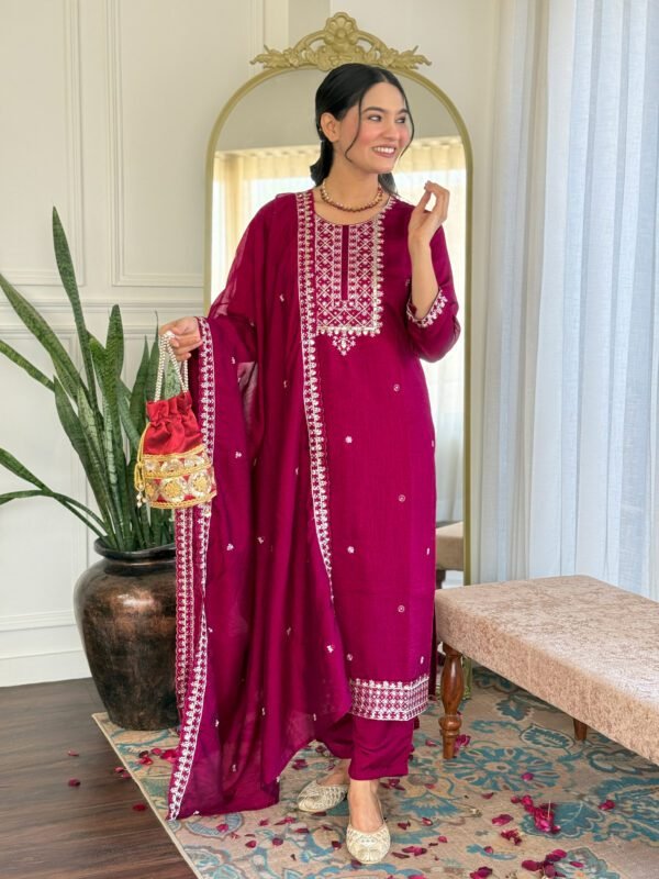 Kurti with Pant & Dupatta 9 Premium Wine Red Embroidered Kurti Pant Dupatta Set | My Fashion - Image 4