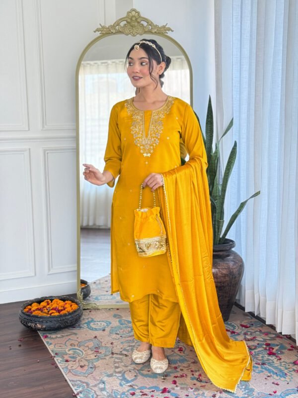 Untitled design - 1 New Mustard Embroidered Kurta Set with Pant & Chinon Dupatta| My Fashion - Image 5