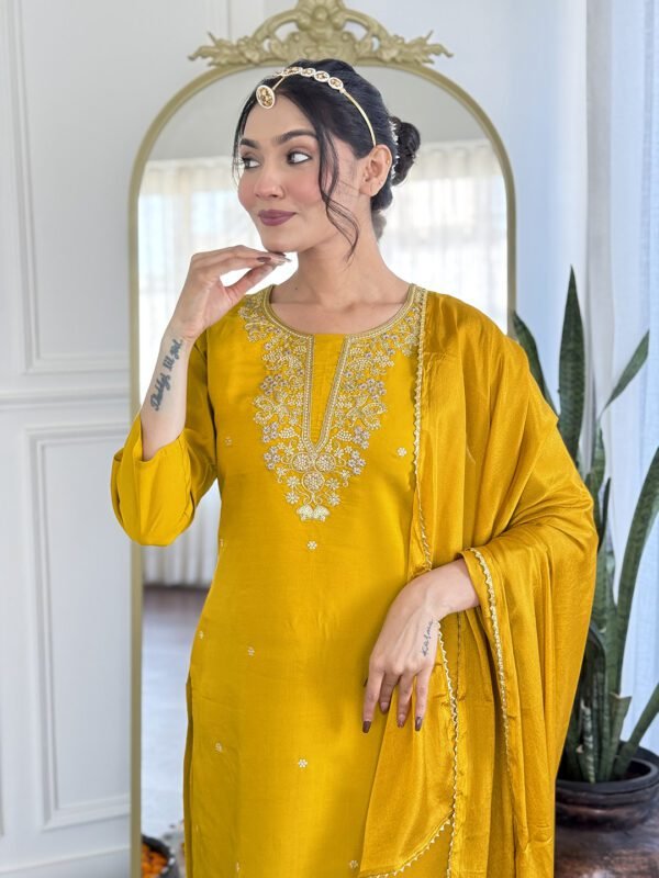 Mustard Embroidered Kurta Set4 New Mustard Embroidered Kurta Set with Pant & Chinon Dupatta| My Fashion - Image 2