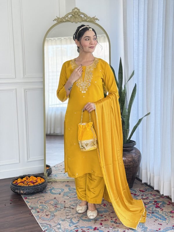 Mustard Embroidered Kurta Set5 New Mustard Embroidered Kurta Set with Pant & Chinon Dupatta| My Fashion - Image 3