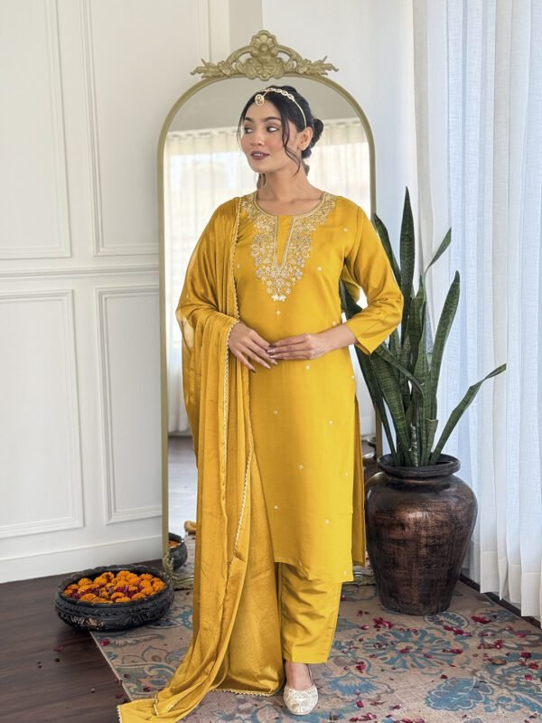 Mustard Embroidered Kurta Set6 New Mustard Embroidered Kurta Set with Pant & Chinon Dupatta| My Fashion - Image 4